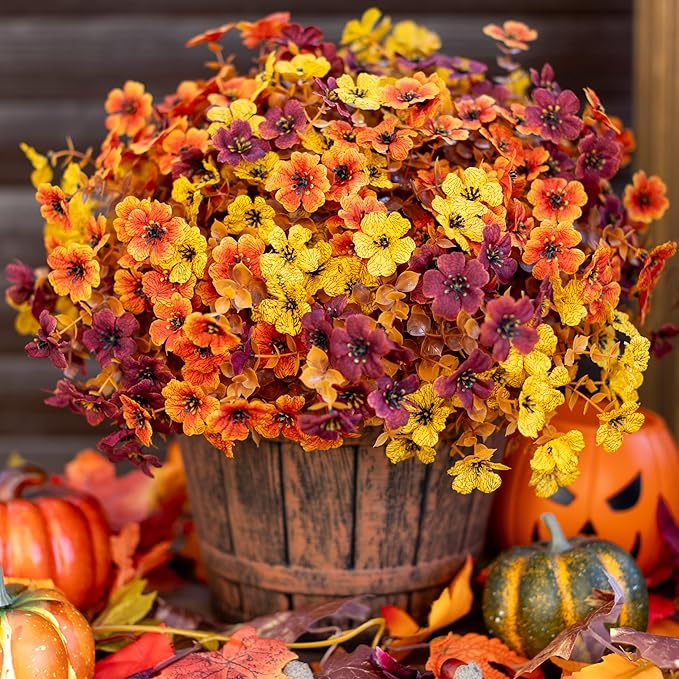 Artificial Fall Flowers for Outdoor Fake Mums - 16 Bundles Fake Plants UV Resistant No Fade Faux Plastic Greenery Garden Porch Patio Home Decor(16, BrownOrangeYellow)