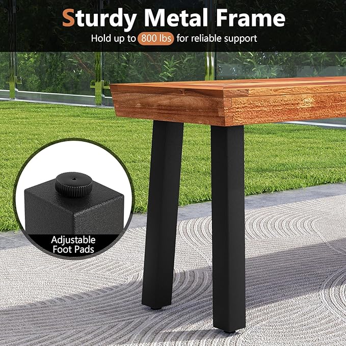 COSTWAY Set of 2 Outdoor Acacia Wood Benches, 2-3 People Backless Garden Benches with Metal Frame for Patio, Deck, Yard and Entryway