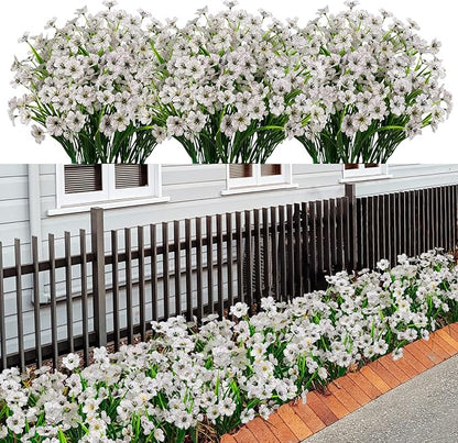 21 Bundles Artificial Outdoor UV Resistant Flowers No Fade Fake Outside Flowers Plastic Greenery Faux Shrubs Garden Porch Window Box Home Decoration (White)