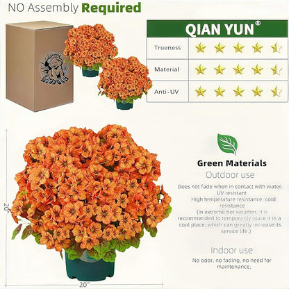 QIANYUN Artificial Topiary for Outdoors- 20” Potted Plant Fake Geraniums Bush-UV Resistant Artificial Outdoor Plant for Front Porch, Garden, Yard, Patio Decor (Light Orange)