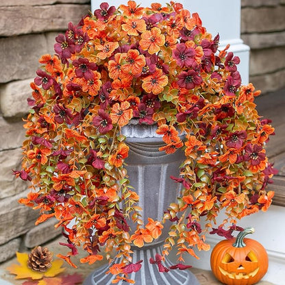 INSPRING Fake Autumn Flowers for Outdoors, 2Pcs Artificial Fall Light Orange & Brown Daisy Outside Decor, Fake Hanging Decoration, Realistic Plants, Silk Flower for Porch Patio Balcony Planter