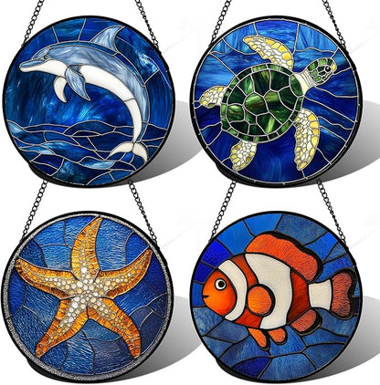 Stained Glass Window Hanging 4 Pcs Set Blue Ocean Turtle Dolphin 6.3" - Marine Life Suncatcher Garden Sun Catcher Decor Birthday Mother's Day for Mom Woman Nana Men