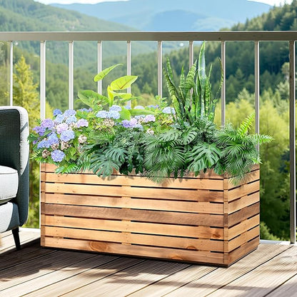 Metal Planter Box Rectangular Planter Box with Drainage Hole, Outdoor Large Planters, All-Weather Use, Rust-Resistance, for Flowers Plants, 38" L × 15" W × 16.3" H, Dark Walnut
