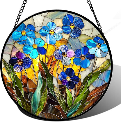 Stained Glass Window Hanging - Blue Wildflower Plant Flowers Sun Catcher for Door Garden Home Decor Suncatcher Christmas Mother's Day Birthday Gifts for Women Men Mom Nana 11.8 in
