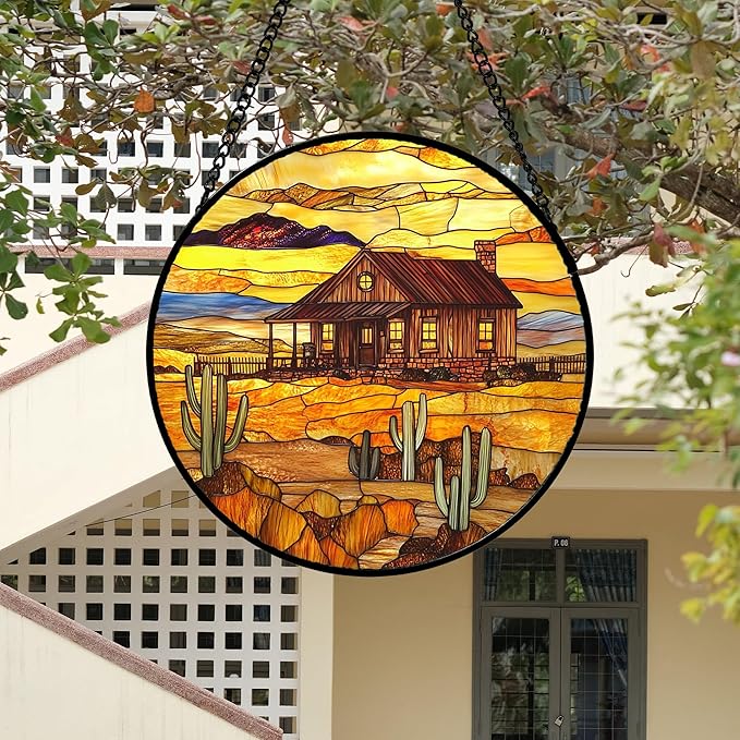 Stained Glass Window Hanging 4 Pcs Set Desert Sunset Theme Landscape 6.3" - Suncatcher Door Garden Sun Catcher Decor Birthday Christmas for Mom Woman Nana Men