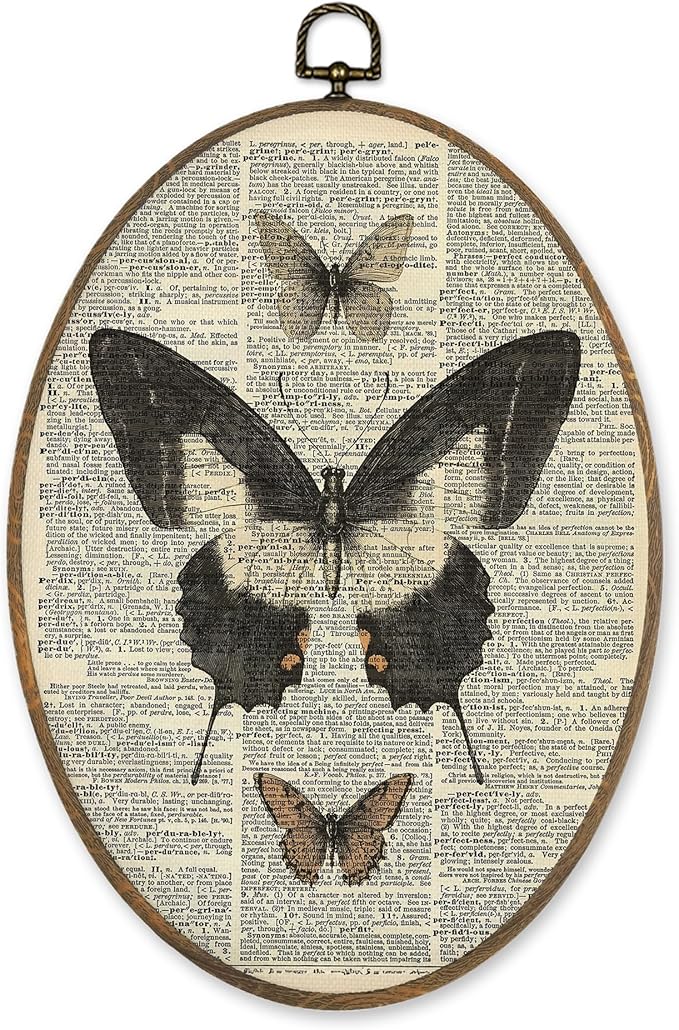 LKETW Vintage Butterfly Oval Wall Art Decor, Cottagecore Dictionary Butterfly Oval Canvas Hanging Decor, Retro Moth Insect Wall Decorations for Home Bedroom Living Room, 8.6x11.4 Inch
