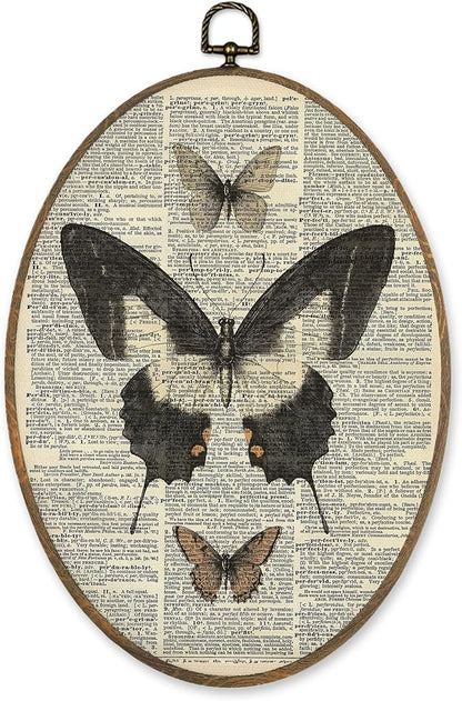 LKETW Vintage Butterfly Oval Wall Art Decor, Cottagecore Dictionary Butterfly Oval Canvas Hanging Decor, Retro Moth Insect Wall Decorations for Home Bedroom Living Room, 8.6x11.4 Inch