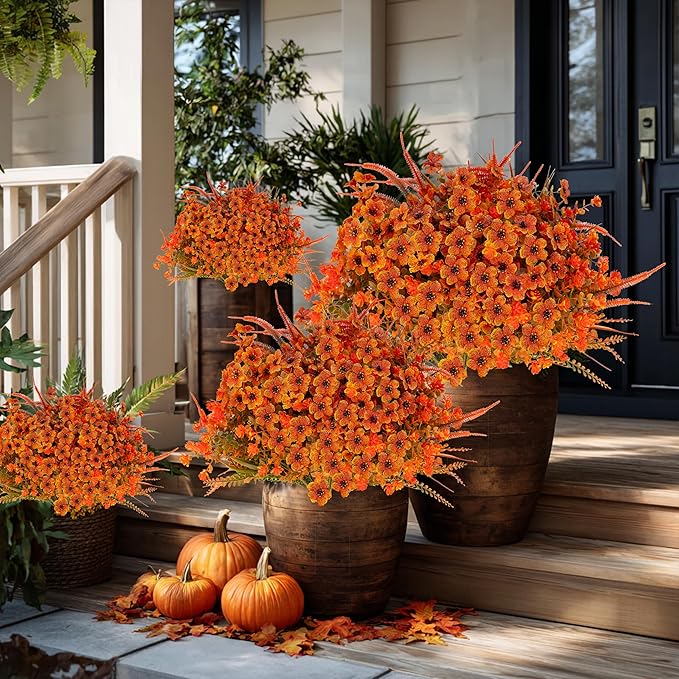Artificial Fall Flowers for Outdoors Fake Mums - 16 Bundles Faux Fall Decor Plants No Fade Shrubs (16, OrangeGreenGrass)