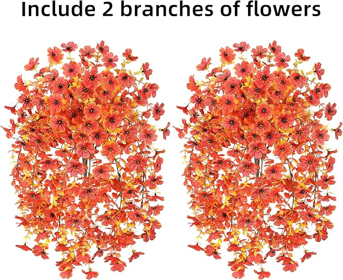 HyeFlora Fall Artificial Flowers for Outdoors Fake Silk Flower, 2Pcs Red Orange Daisy Autumn Decor, Realistic Hanging Decoration Plants, UV & Fading Resistant for Porch Patio Balcony Planter