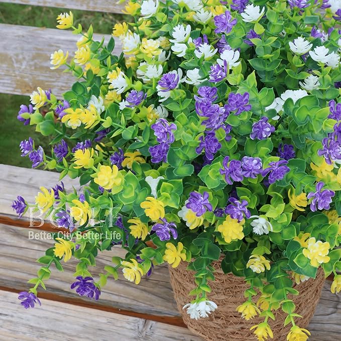 UV Resistant Artificial Flowers for Indoor and Outdoor Use, 12 Bundles Not-Fading Faux Plants for Porch, Patio, Garden, and Home Decoration - Yellow Purple White
