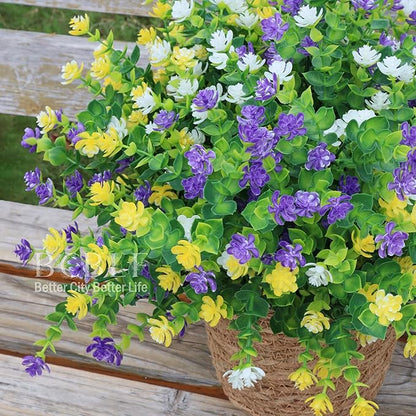 UV Resistant Artificial Flowers for Indoor and Outdoor Use, 12 Bundles Not-Fading Faux Plants for Porch, Patio, Garden, and Home Decoration - Yellow Purple White