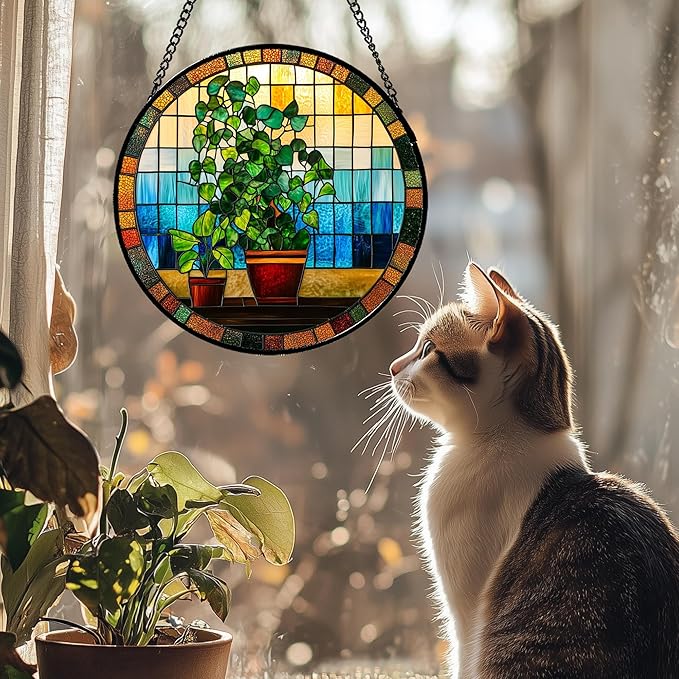 Stained Glass Window Hanging Green Potted Plants Large 15" - Suncatcher Door Garden Sun Catcher Retro Home Decor Birthday Christmas for Mom Men Woman Nana Friend