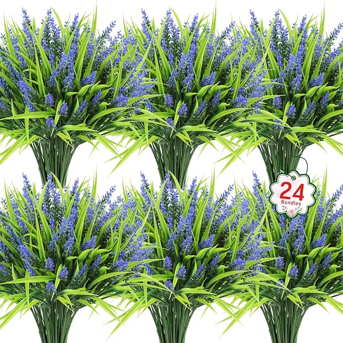 Ouddy Decor 24 Bundles Artificial Flowers for Outdoors, Fake Lavender Flowers Monkey Grass Faux Plastic Plants Shrubs UV Resistant for Porch Garden Window Box Office Home Decorations, Purple