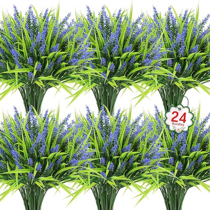 Ouddy Decor 24 Bundles Artificial Flowers for Outdoors, Fake Lavender Flowers Monkey Grass Faux Plastic Plants Shrubs UV Resistant for Porch Garden Window Box Office Home Decorations, Purple