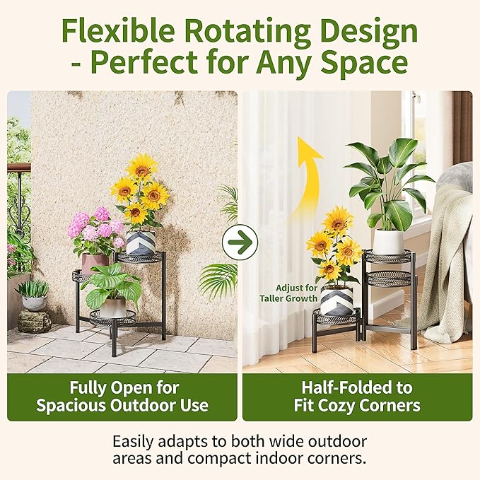 3 Tier Metal Plant Stand Indoor Outdoor, Corner Tall Plant Shelf for Multiple Plants, Foldable Heavy Duty Plant Holder, Decoration Flower Pot Stand for Patio Living Room Balcony Garden - BlackFlower