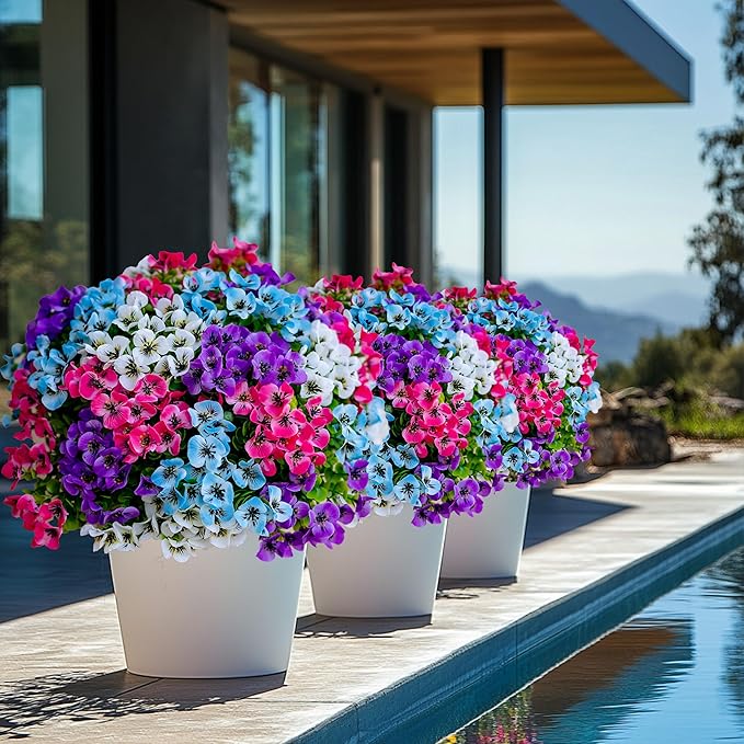 Artificial Pansies Outdoor Fake Plants - 16 Bundles UV Resistant No Fade Faux Shrubs Plastic Greenery Home Garden Porch Patio Decoration (16, Mixed03)