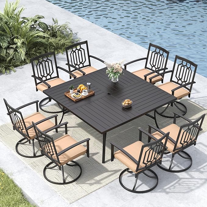 MFSTUDIO Patio Dining Set for 8, Square Outdoor Dining Set with Umbrella Hole, 9 Piece Patio Table and Chairs Set for Backyard Deck Poolside