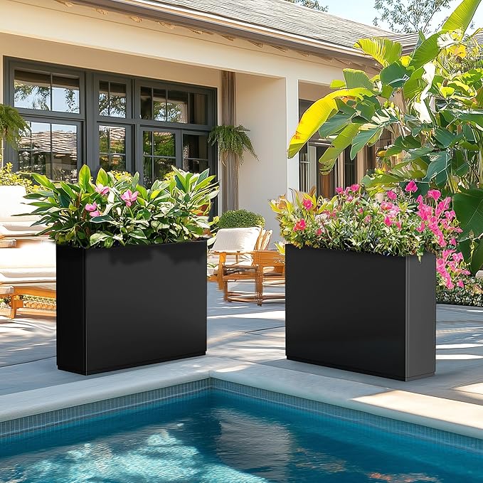 Tall Metal Planter, 9" W x 26" H Large Rectangular Planter Box for Outdoor or Indoor, All-Weather Durable Plant Box with Drainage Holes & Removable Shelf for Patio, Porch, Garden, Trees, Flowers