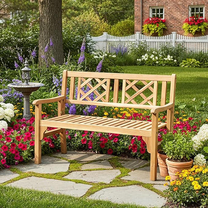 Tangkula Folding Outdoor Wood Garden Bench, Foldable Acacia Wood Patio Bench with Wide Curved Armrest & Backrest, Outside 2-Person Loveseat Chair for Entryway, Yard, Deck, Balcony & Park