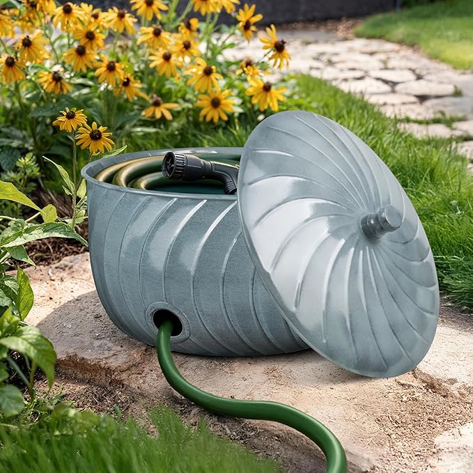 Monarch Abode Garden Hose Holder with Lid – Decorative Water Hose Holders for Outside, Wave Embossed Metal Patina Pot with Drainage, 100ft Waterhose Holder for Outside, Garden Storage Caddy