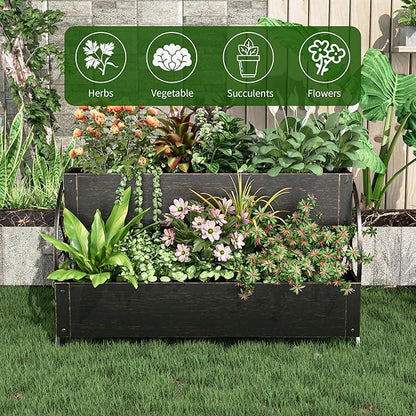 Metal Wagon Planter Box, 3-Tier Garden Planter with Wagon Wheels, Decorative Outdoor Planters for Flowers Herbs Vegetables, Flower Cart Small Raised Garden Bed for Patio, Balcony (Retro Gold)