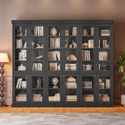 Vyre 70.8" Tall Black Bookshelf with Glass Doors, Farmhouse Modular Bookcase with 6-Tier Adjustable Shelves, Large Storage Cabinet for Home Office, Living Room, Set of 2