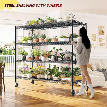 REIBII 55.5''W Storage Shelves 2500LBS Wire Shelving Rack with Wheels 75.6" H Heavy Duty Shelving Unit Adjustable Metal Shelves for Storage Rack Shelving for Kitchen Pantry 2PCS