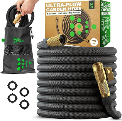 Ultra-Flow Garden Hose 75 FT, No-Kink and Leak-Proof Heavy-Duty Flexible Water Hose 75FT with Reinforced TPE Core, 3/4" Solid Brass Fittings, Non-Expandable Manguera Para Jardin, Built to Last