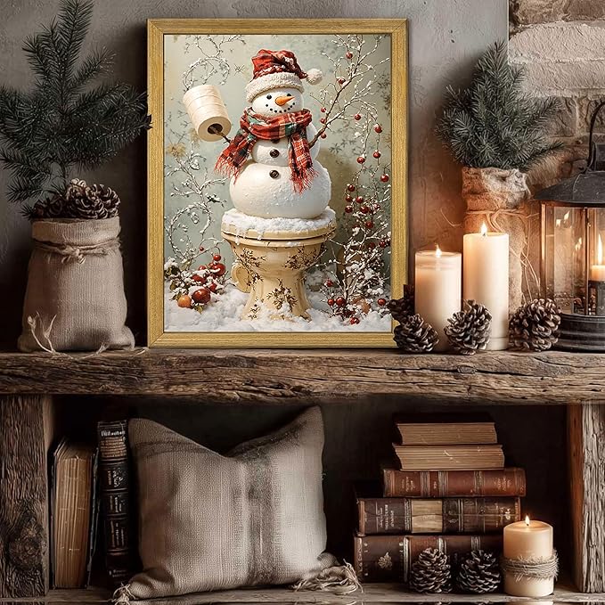 Vintage Snowman Christmas Wall Art, Cute Snowman Canvas Prints Poster, Winter Farmhouse Painting Artwork Picture, Rustic Holiday Christmas Wall Decor for Living Room Bathroom 8x10 Inch Framed