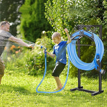 Garden Hose Holder - Freestanding Water Hose Holders for Outside with Storage Basket, Heavy Duty Hose Stand Organizes 150ft Hose Storage Hanger Rack for Yard Lawn Farm