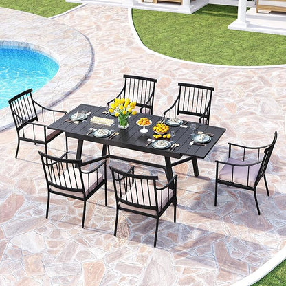 PHI VILLA 7 Pieces Outdoor Dining Set for 6, 84" Long Expandable Metal Table & Heavy-Duty Wrought Iron Chairs with Cushions, Large Furniture Set for Patio, Deck, Yard, Porch - Black