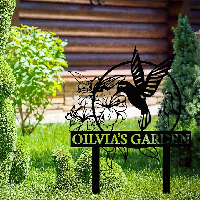 Custom Hummingbird Metal Garden Sign with Stakes, Bird Garden Decorations, Flower Design Personalized Garden Sign, Custom Garden Name Sign, Yard Decor, Home Gift