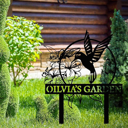 Custom Hummingbird Metal Garden Decor, Personalized Bird with Stakes Garden Sign, Flower Design Personalized Garden Sign, Custom Garden Name Sign, Home Gift, Large Outdoor Decor, Patio Decor