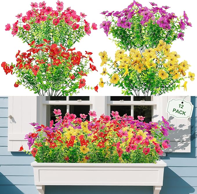 FGSAEOR 12 Bundles Artificial Flowers for Outdoor Indoor, Faux Flower Daisy with Eucalyptus Leaves Fake Plants Greenery, Garden Home Decor for Boxwood Porch Patio (Red/Pink/Purple/Yellow)