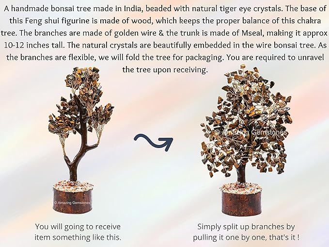Amazing Gemstone Tigers Eye Natural Healing Premium Crystal Bonsai Feng Shui Fortune Money Tree of Life for Home Office Decor (Gift Box Ready,10-12 Inch)
