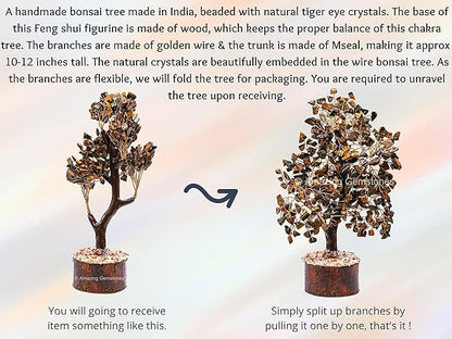 Amazing Gemstone Tigers Eye Natural Healing Premium Crystal Bonsai Feng Shui Fortune Money Tree of Life for Home Office Decor (Gift Box Ready,10-12 Inch)