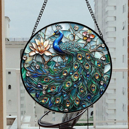 Stained Glass Window Hanging, Blue Peacock Decoration Suncatcher for Door Garden Home Flower Bird Sun Catchers Christmas Mother's Day Birthday Gifts for Women Men Mom Nana Friend 14.9 in
