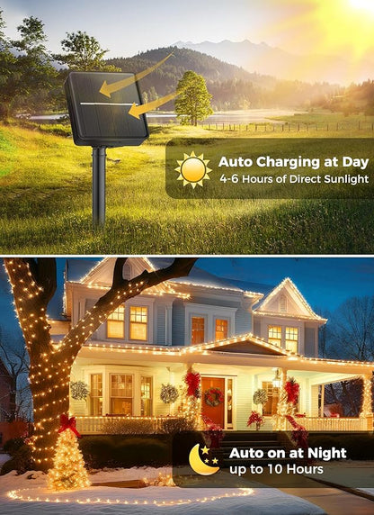 Solar String Lights Outdoor, 39FT 100LED Solar Powered Lights IP65 Waterproof with 8 Lighting Modes for Party Garden Yard Home Holiday Tree Decoration Lighting, Warm White