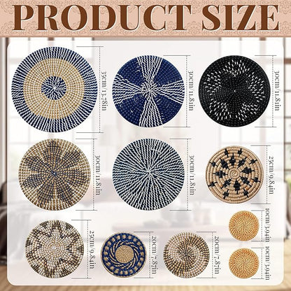 Tatuo 11 Pcs Boho Wall Basket Decor Decorative Bulrush Woven Basket Wall Decor Art Round Farmhouse Hanging Baskets for Kitchen Rustic Home Summer Decorations, Multi Sizes (Blue)