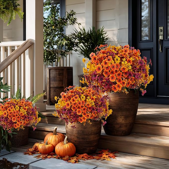 Artificial Fall Flowers for Outdoor Fake Mums - 16 Bundles Fake Plants UV Resistant No Fade Faux Plastic Greenery Garden Porch Patio Home Decor(16, BrownOrangeYellow)