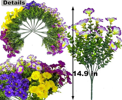 Artificial Faux Flowers for Outdoors, 12 Bundles Artificial Plants Outdoor UV Resistant, Fake Morning Glory Silk Flowers for Outside Planter Porch Patio Yard