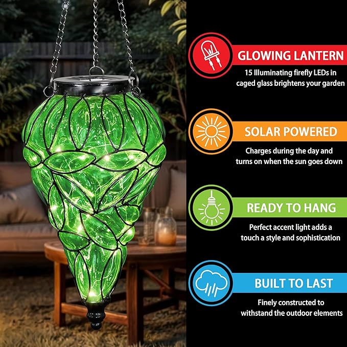 Solar Hanging Lantern Outdoor Garden Lights, Tear-Shaped Glass and Metal Hanging Lantern, 15 Firefly LED Lights, 7 x 24 Inch,(Green)