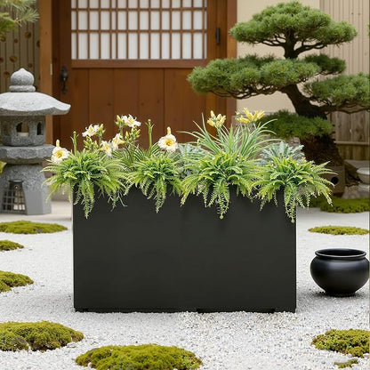 Metal Tall Planter Box for Outdoor Plants, Flowers, Rectangular Black Planters for Front Porch, Garden, with Drainage Holes, All Weather Use, 32" L x 10" W x 16" H