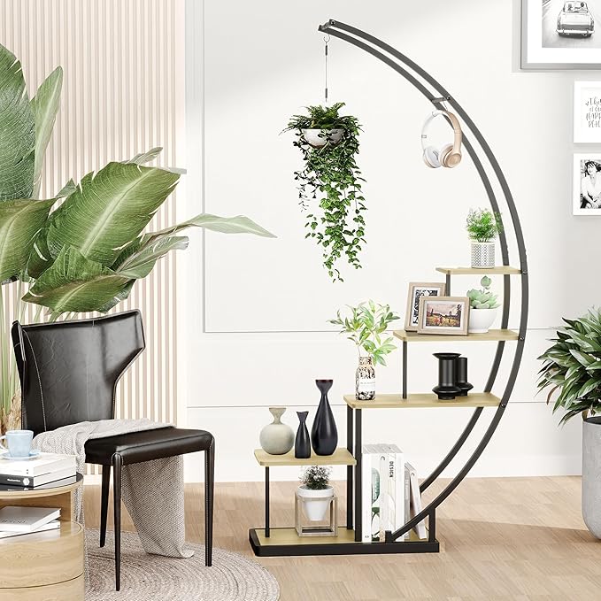 JACK&JULIA Plant Stand, Half Moon 5 Tier Tall Metal Plant Shelf with 3 Hooks, Large Curved Shape Rack Plant Holder for Living Room, Garden, Patio, Balcony