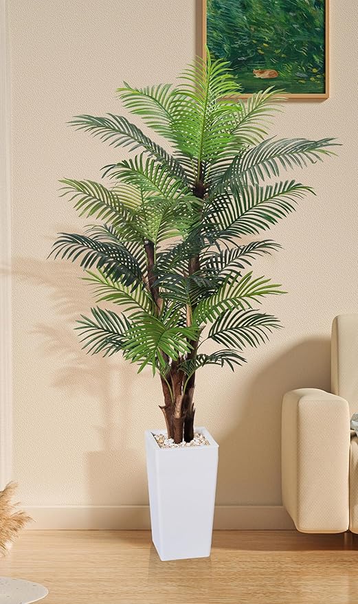 Artificial Palm Tree 7FT, Fake Tree with Realistic Fiber Trunks and White Tall Planter, Faux Tropical Areca Floor Plant in Pot, Artificial Silk Plant for Home Decor Office Decor Indoor