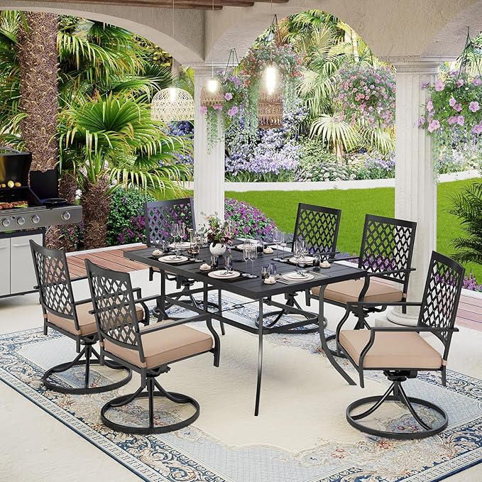 MFSTUDIO Patio Dining Sets for 6, Metal Outdoor Table and Chairs Set, 7 Piece Outdoor Furniture Dining Set for Deck Backyard