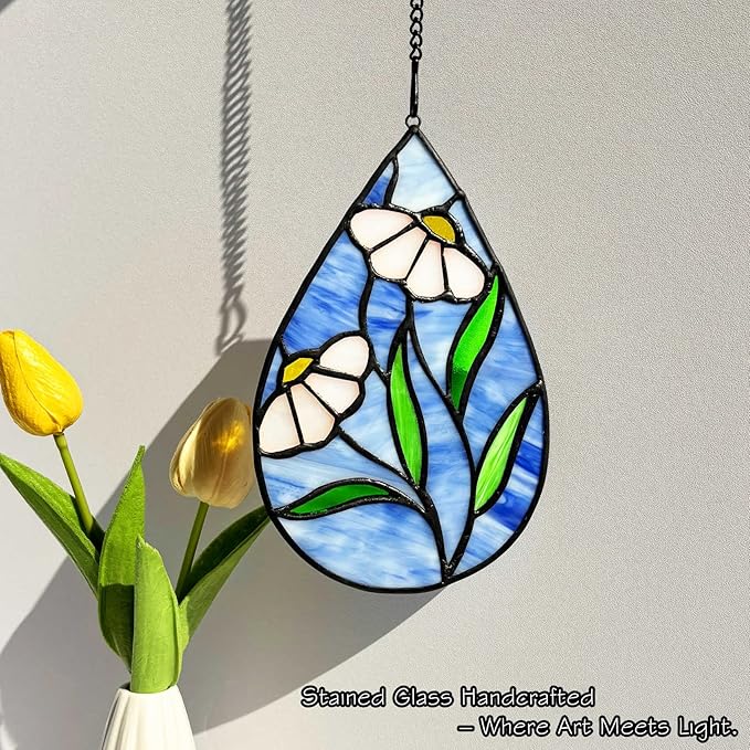 Daisy Stained Glass Window Hangings Flower Suncatcher Ornament, Handmade Tiffany Style Stained Glass Flower Decor Gifts for Women Mom Teacher,Wedding Birthday Christmas Celebration Gifts