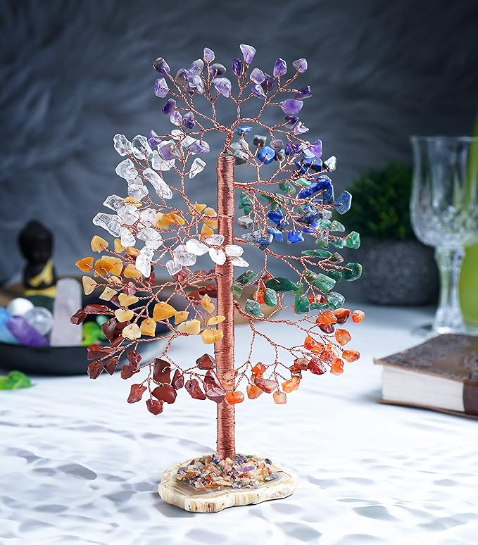 Seven Chakra Tree of Life - Crystal Tree of Life, Geode Agate Slice Base, Handmade Gemstone Tree, Crystal Decorations, Feng Shui Tree, 7 Chakra Tree, Money Tree, Spiritual Gifts, Healing Crystal Tree