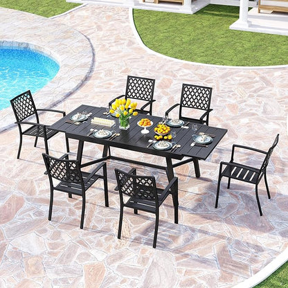 PHI VILLA 7 Pieces Outdoor Dining Set for 6, 84" Long Expandable Wrought Iron Table & Stackable Metal Chairs, Large Furniture Set for Patio, Deck, Yard, Porch - Black
