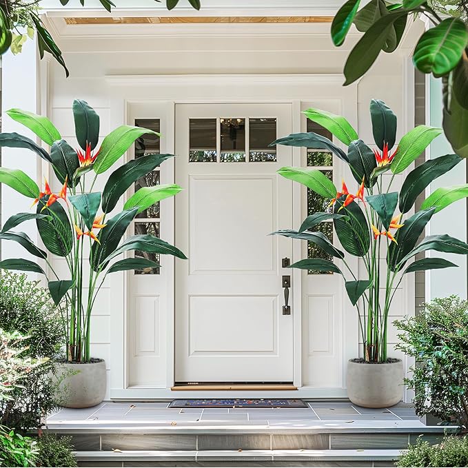 7ft Artificial Bird of Paradise Plant, Tall Faux Plants with 17 Faux Leaves and 3 Blooming Flowers, Artificial Plants Indoor with Black Nursery Pot for Home Decor Office Living Room 1 Pack